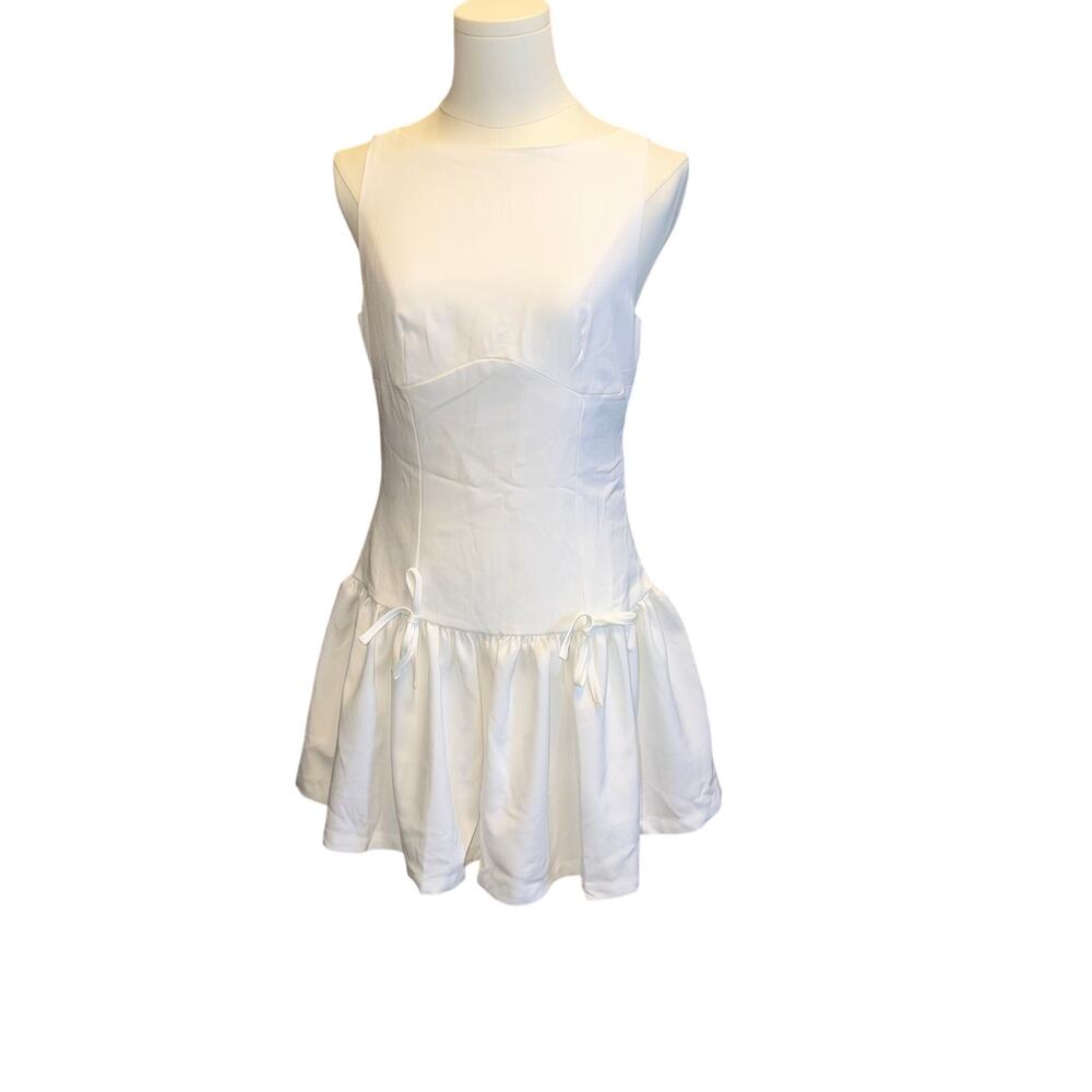 Princess Polly White Drop Waist Mini Dress Bow Accents Sleeveless Size 2